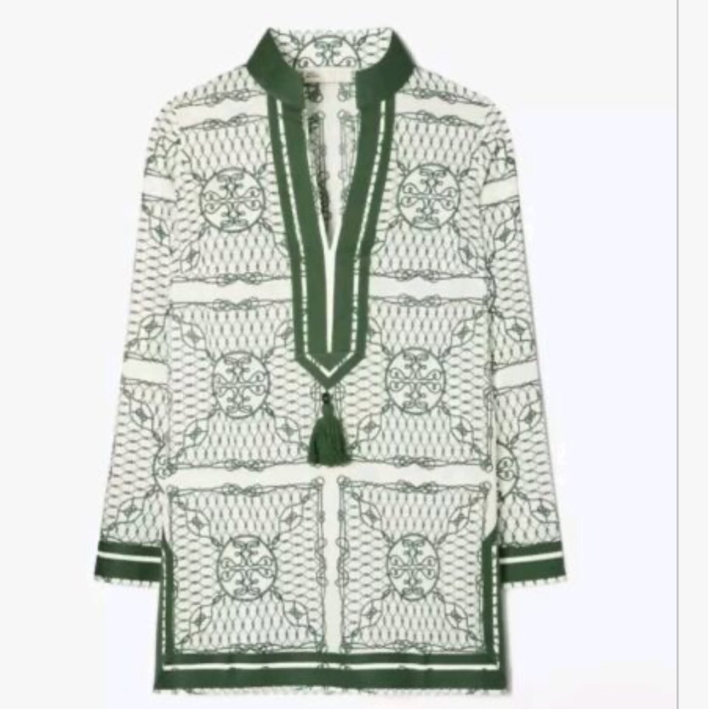 TORY BURCH Tory Tunic. L  New with tags. Ivory / green rope scarf